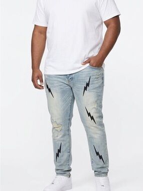 THRT men’s Stylish Light Blue Jeans with Lightning Bolt Design